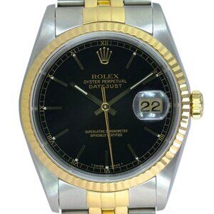 ROLEX DATEJUST BLACK ROMAN-INDEX DIAL 18K GOLD & STEEL JUBILEE WATCH 36 MM 16233
